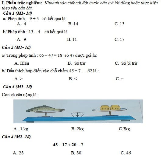 Đề thi Toán lớp 2 học kì 1 Kết nối tri thức