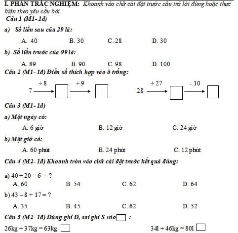Đề thi Toán lớp 2 học kì 1 Kết nối tri thức
