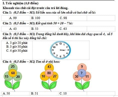 Đề thi Toán lớp 2 học kì 1 Kết nối tri thức