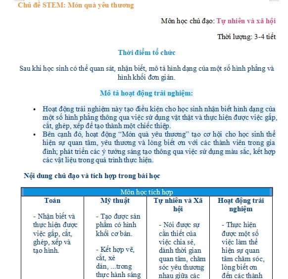 Giáo án STEM lớp 2: Món quà yêu thương