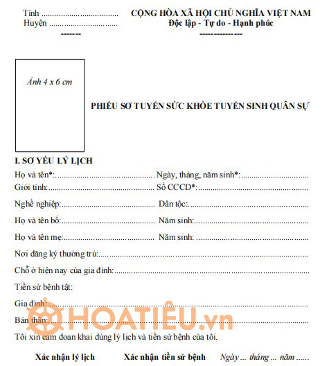 Phiếu sơ tuyển sức khỏe tuyển sinh quân sự
