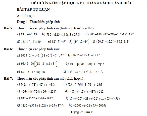 Đề cương học kì 1 Toán 6 Cánh Diều
