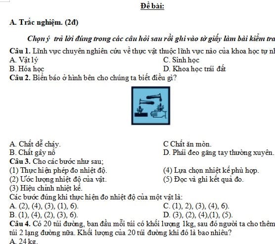 Đề thi cuối kì 1 KHTN 6 Chân trời sáng tạo