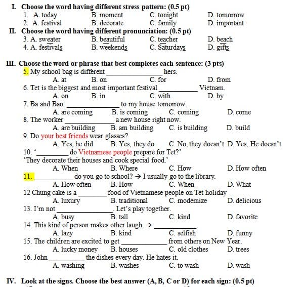 Đề thi học kì 1 tiếng Anh 6 I-learn Smart World