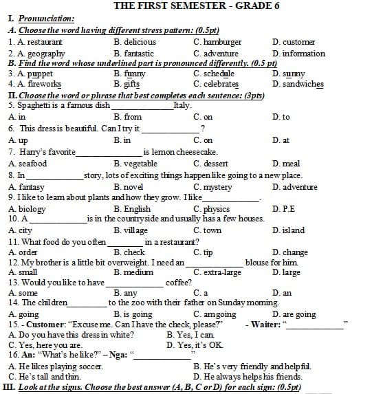 Đề thi học kì 1 tiếng Anh 6 I-learn Smart World