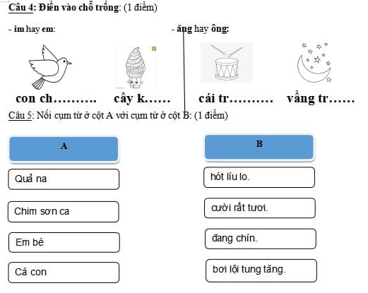 Đề thi Tiếng Việt lớp 1 Kết nối tri thức với cuộc sống học kì 1