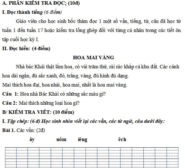 Đề thi Tiếng Việt lớp 1 Kết nối tri thức với cuộc sống học kì 1