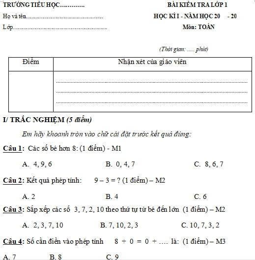 Đề thi học kì 1 môn Toán lớp 1 sách Kết nối tri thức