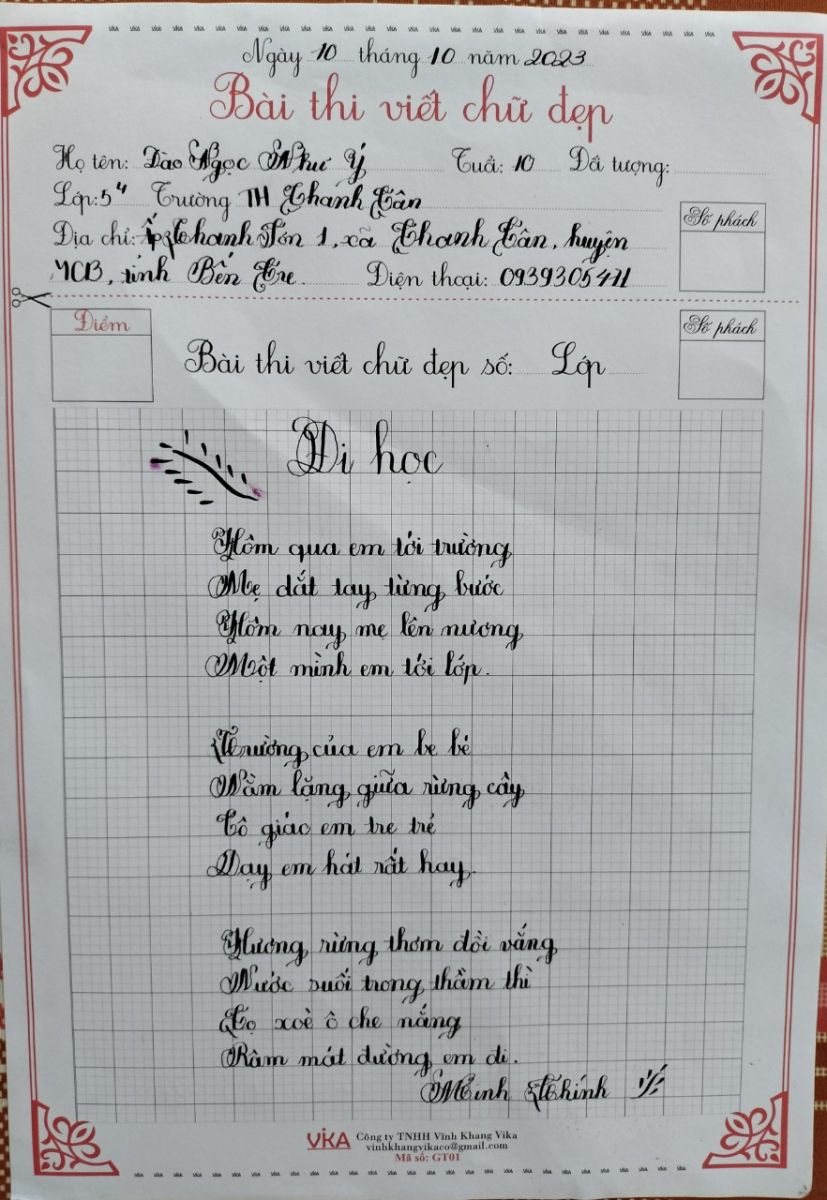 Mẫu bài thi viết chữ đẹp