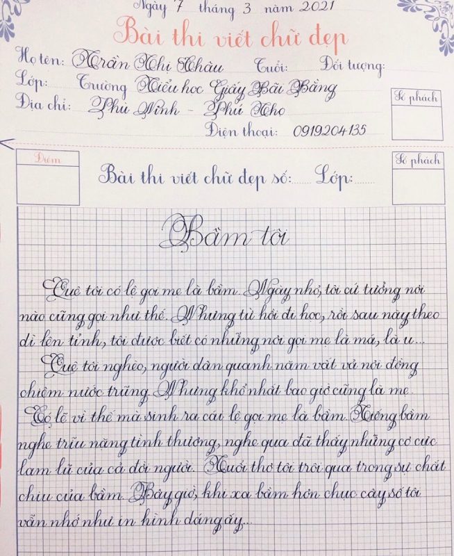 Mẫu bài thi viết chữ đẹp