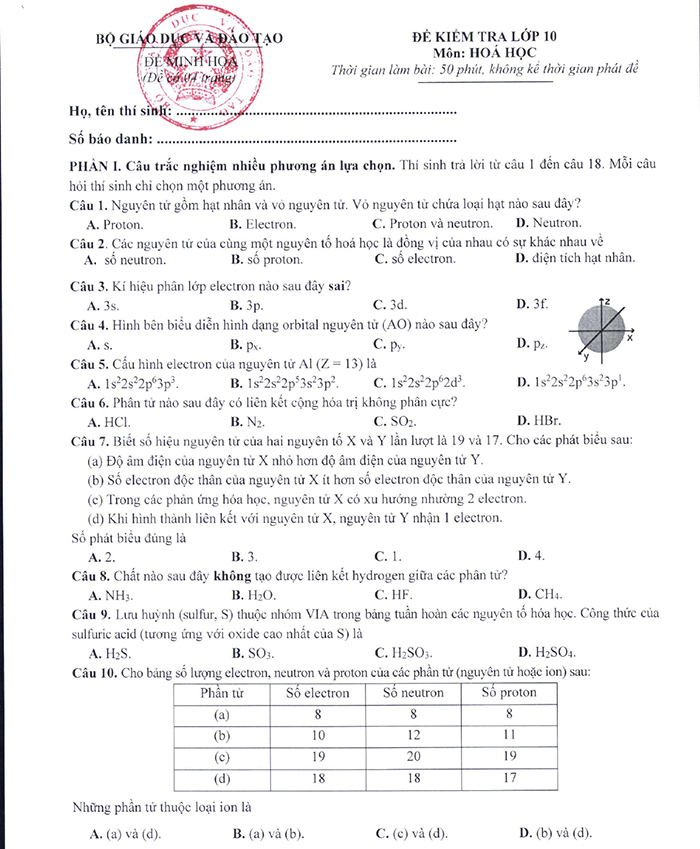 Nội dung đề minh họa 2025 môn Hóa học