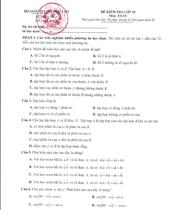 Nội dung đề minh họa 2025 môn Toán
