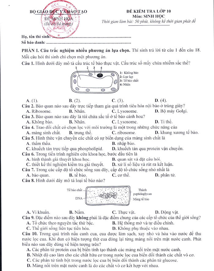 Nội dung đề minh họa 2025 môn Sinh