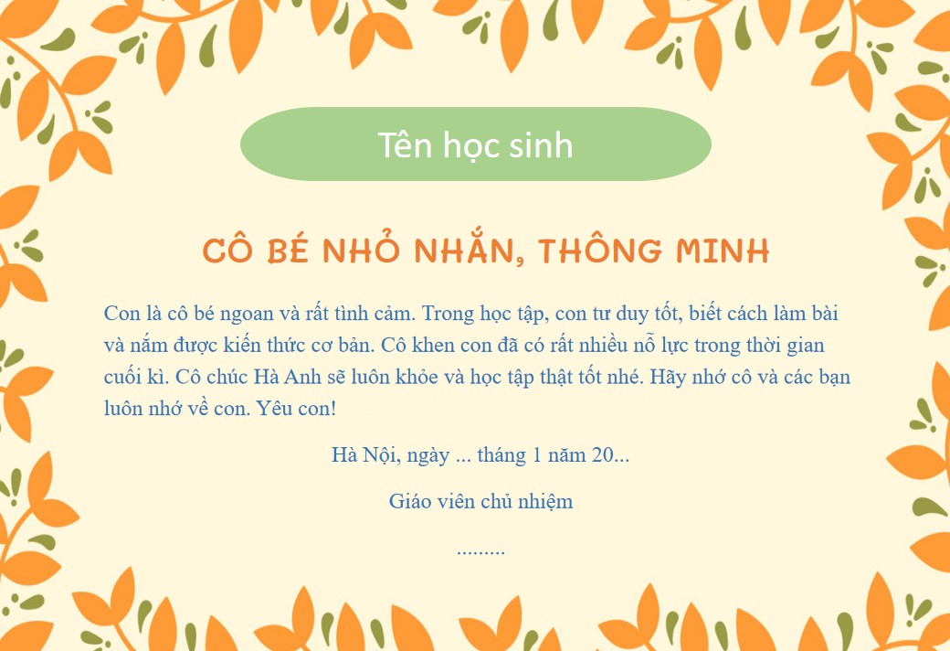 Thư khen, nhận xét học sinh tiểu học cuối kì PPt