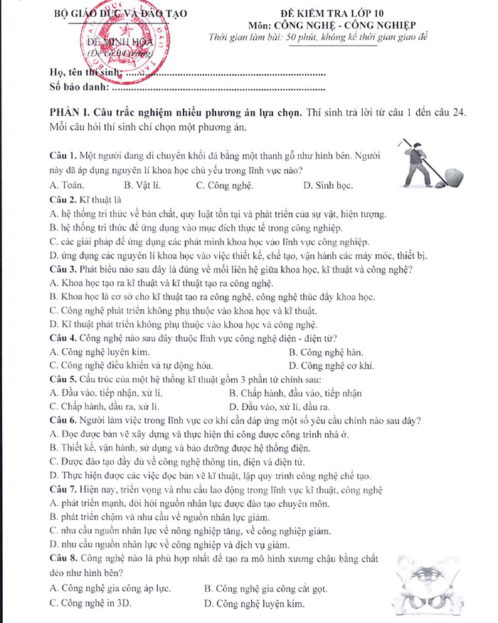 Nội dung đề minh họa 2025 môn Công nghệ công nghiệp