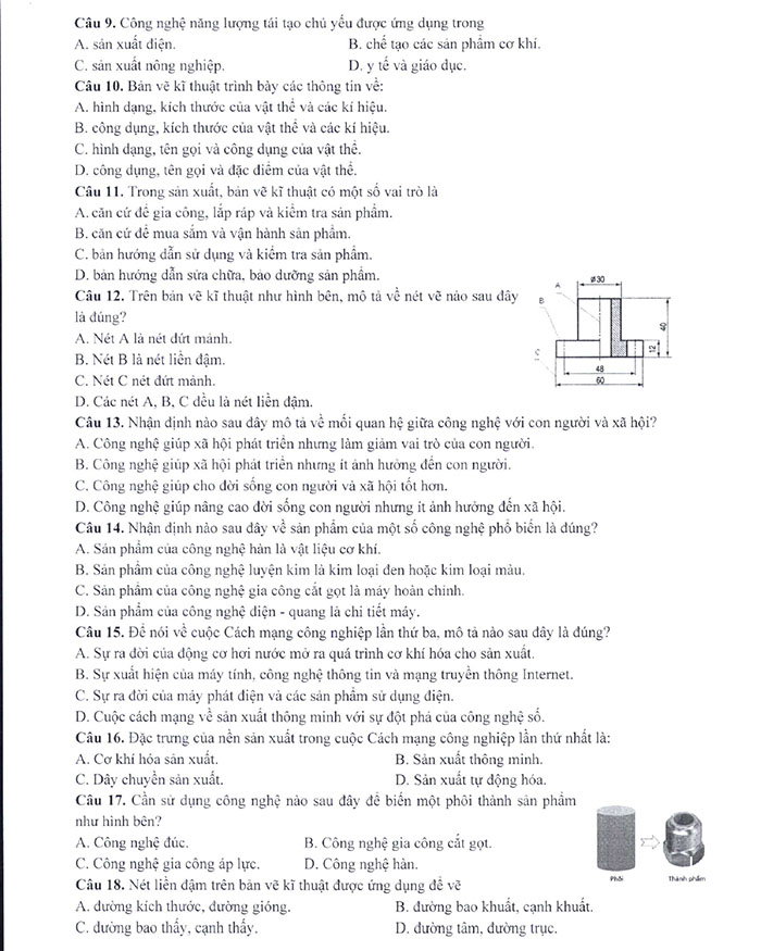 Nội dung đề minh họa 2025 môn Công nghệ công nghiệp