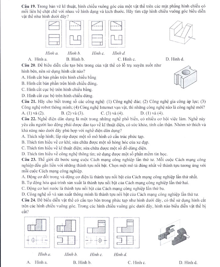 Nội dung đề minh họa 2025 môn Công nghệ công nghiệp