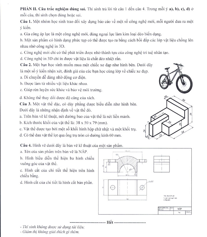 Nội dung đề minh họa 2025 môn Công nghệ công nghiệp