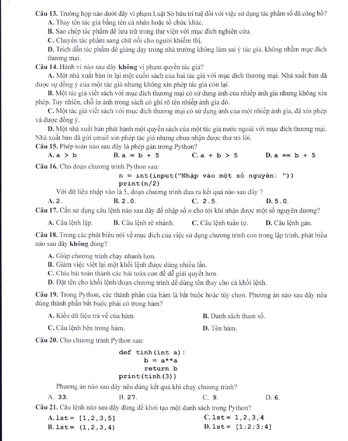 Nội dung đề minh họa 2025 môn Tin