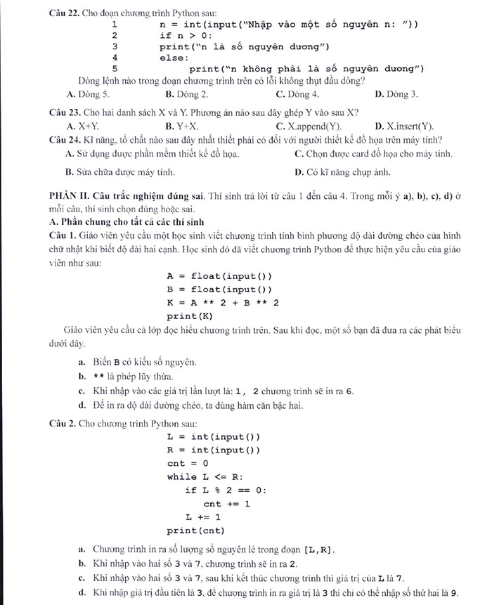 Nội dung đề minh họa 2025 môn Tin