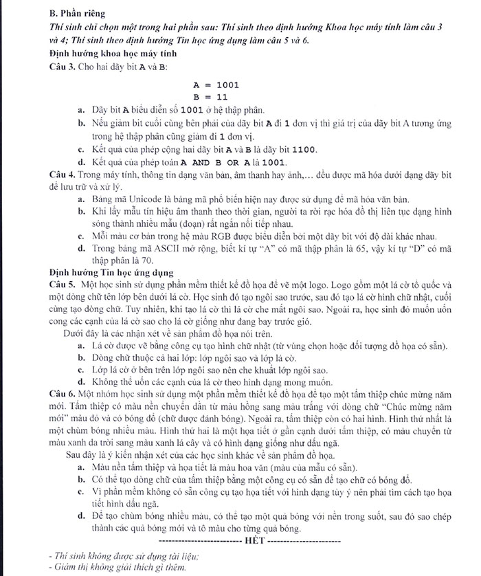 Nội dung đề minh họa 2025 môn Tin