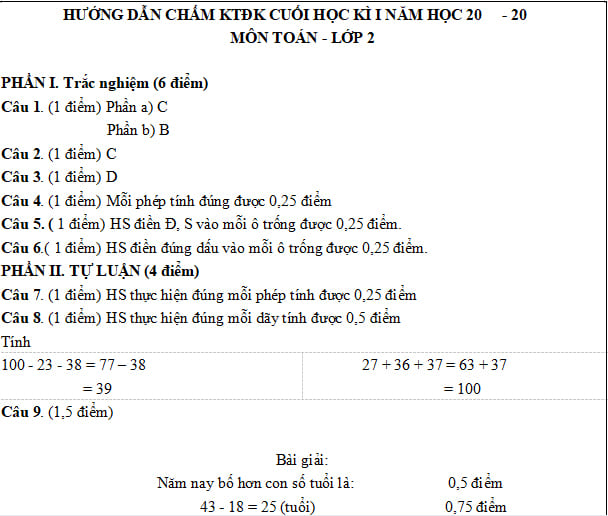 Đề thi Toán lớp 2 học kì 1 Cánh Diều