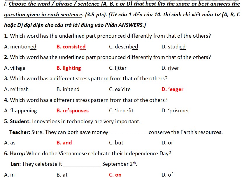 Đề thi tuyển sinh lớp 10 môn Anh TPHCM