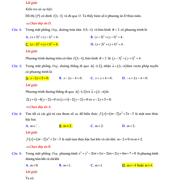 Đáp án đề thi giữa kì 2 toán 10 KNTT