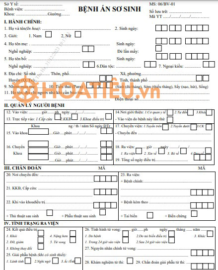  Mẫu bệnh án sơ sinh 07/BV-01 