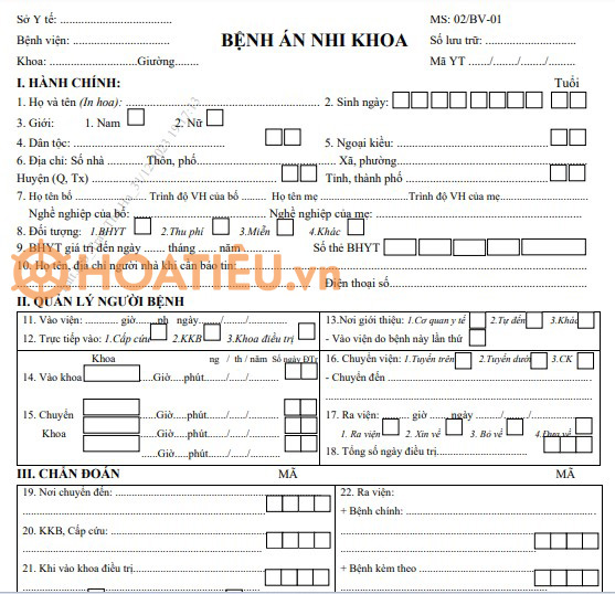 Mẫu bệnh án nhi khoa 02/BV-01