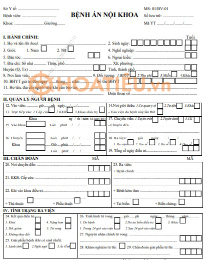 Mẫu bệnh án nội khoa 01/BV-01