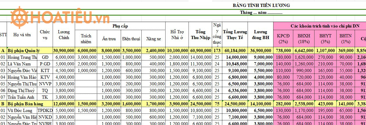 Mẫu bảng lương nhân viên file excel,word 