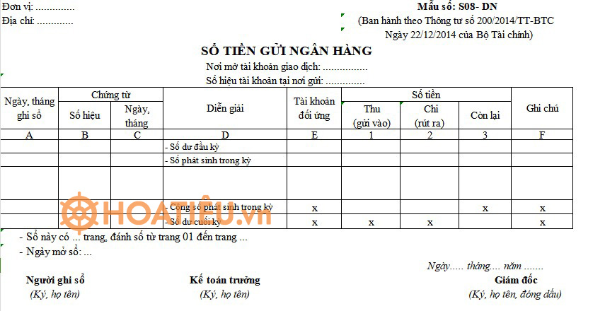 Sổ tiền gửi ngân hàng theo Thông tư 200