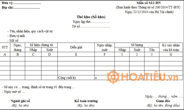 Mẫu thẻ kho (sổ kho) theo Thông tư 200
