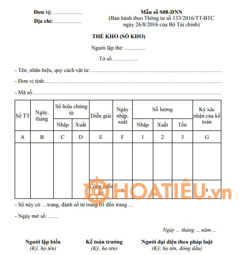 Mẫu số S08-DNN: Thẻ kho (sổ kho) Thẻ kho (sổ kho) theo Thông tư 133