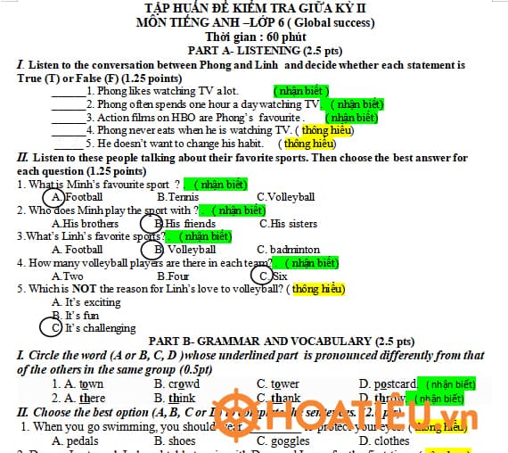 Đề thi Tiếng Anh lớp 6 Giữa kì 2 Global Success