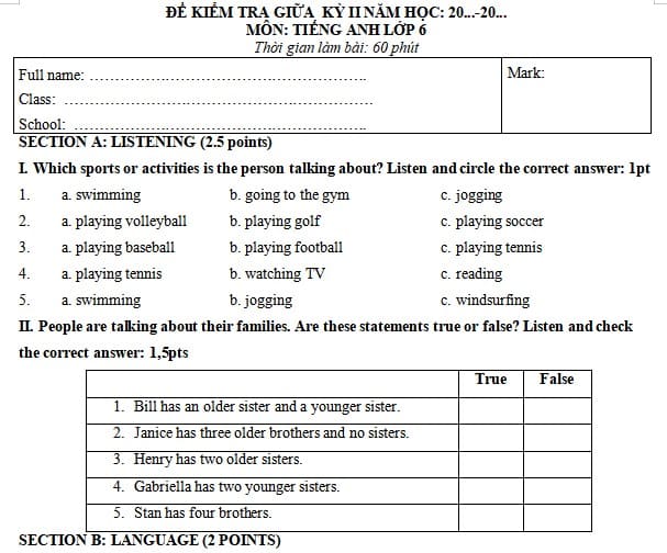 Đề thi giữa kì 2 Tiếng Anh 6 Global Success