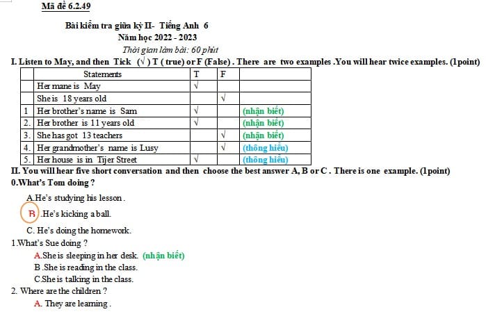 Đề kiểm tra giữa kì 2 môn Tiếng Anh 6