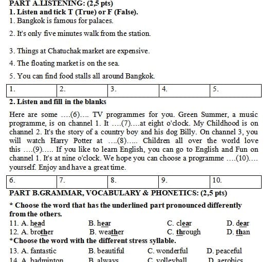 Đề thi giữa kì 2 Tiếng Anh 6 Global Success