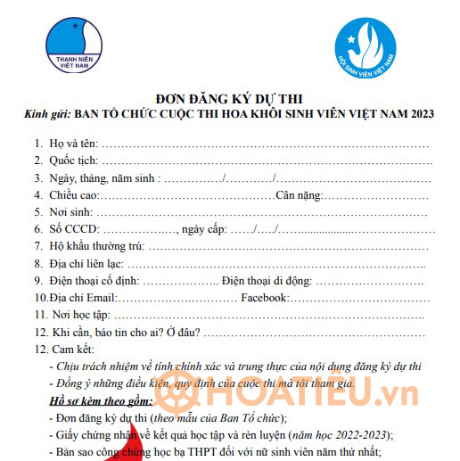 Mẫu đơn đăng ký dự thi hoa khôi sinh viên Việt Nam