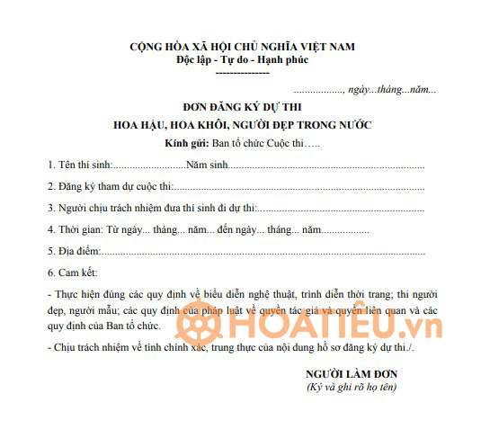 Mẫu đơn đăng ký dự thi Hoa hậu, Hoa khôi, Người đẹp trong nước