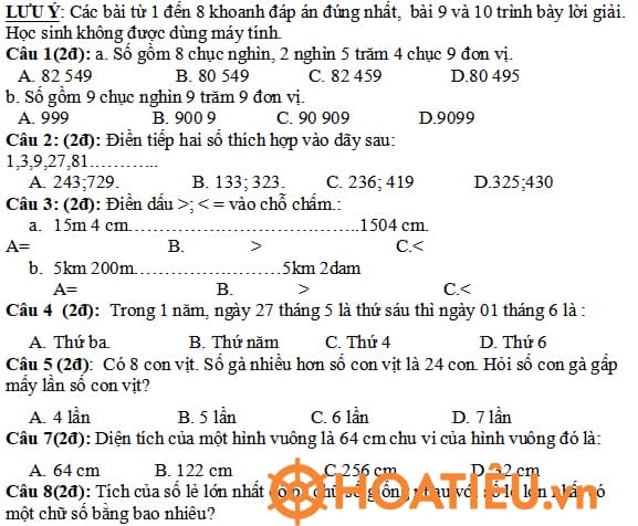 Đề thi câu lạc bộ lớp 3 môn Toán