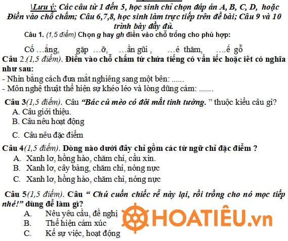 Đề giao lưu Câu lạc bộ Tiếng Việt lớp 2