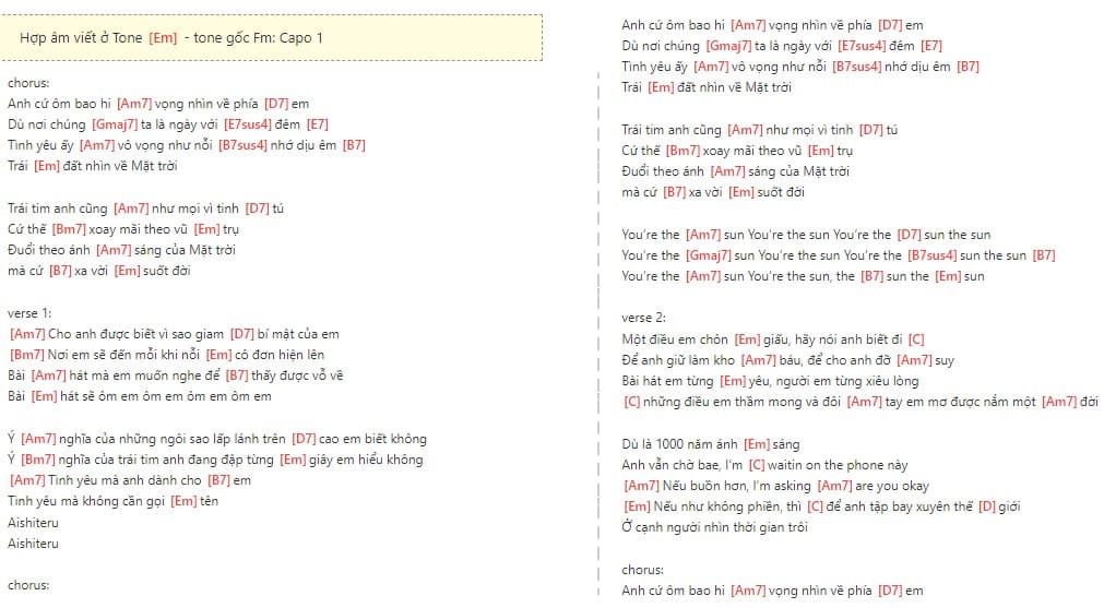 Trái đất ôm Mặt trời hợp âm guitar