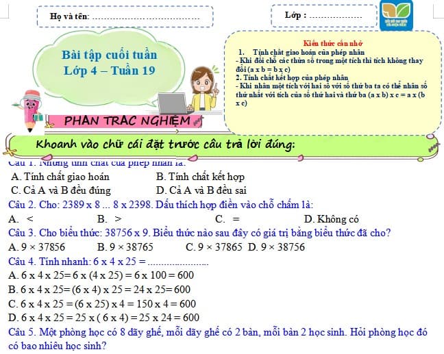 Bài tập cuối tuần Toán lớp 4 Kết nối tri thức 