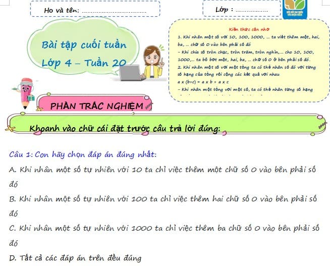 Bài tập cuối tuần Toán lớp 4 Kết nối tri thức 