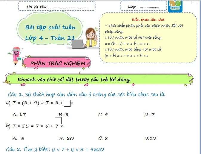 Bài tập cuối tuần Toán lớp 4 Kết nối tri thức 