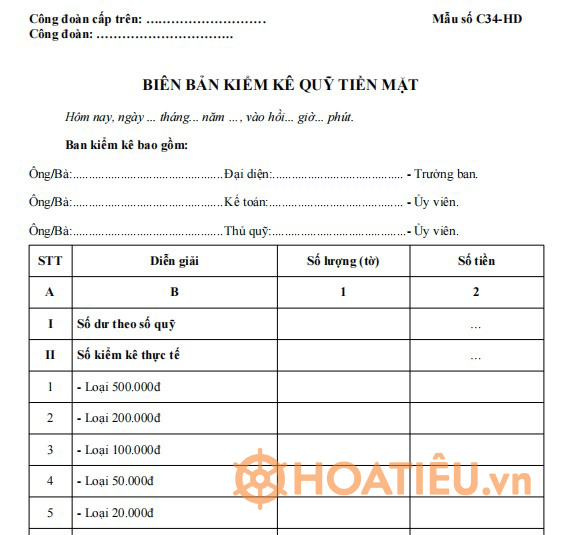 Mẫu biên bản kiểm quỹ tiền mặt trong công đoàn cơ sở