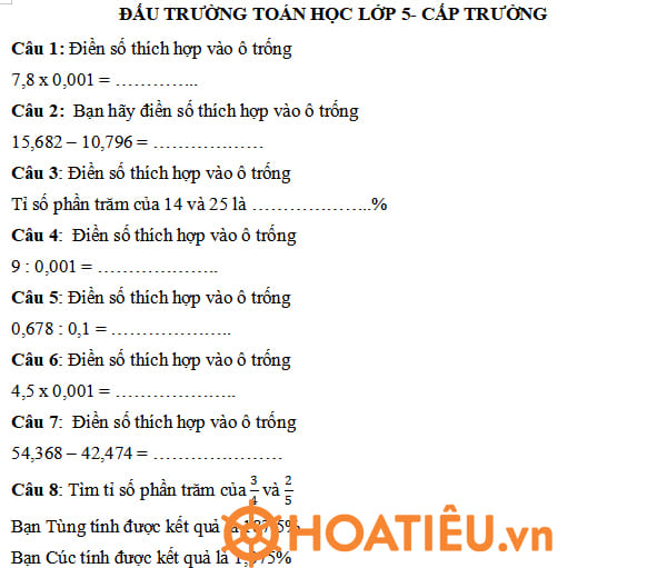 Đề thi VioEdu lớp 5 cấp huyện