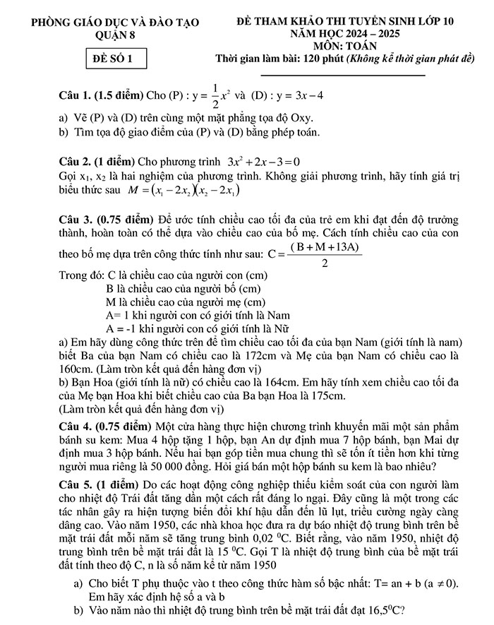Đề tham khảo thi vào 10 môn Toán 2024 
